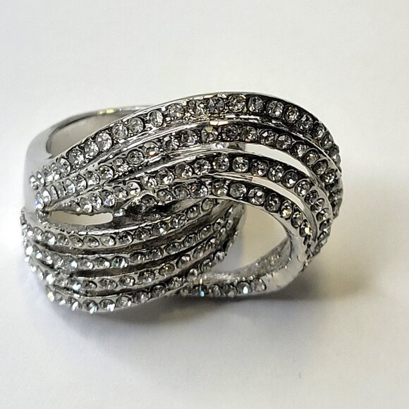 Silver Crystal Rhinestones Ring Wide Criss Cross Over Size 4.75 - Picture 2 of 12